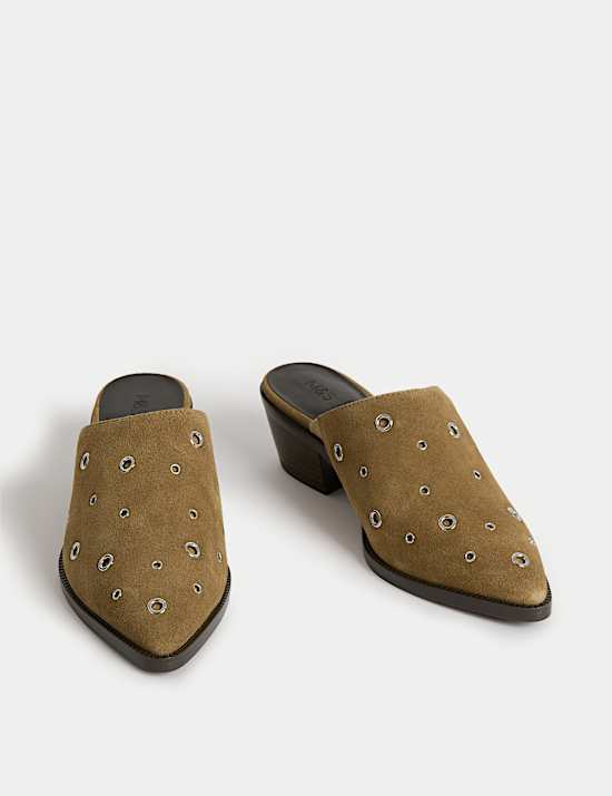 Suede Eyelet Block Heel Muels