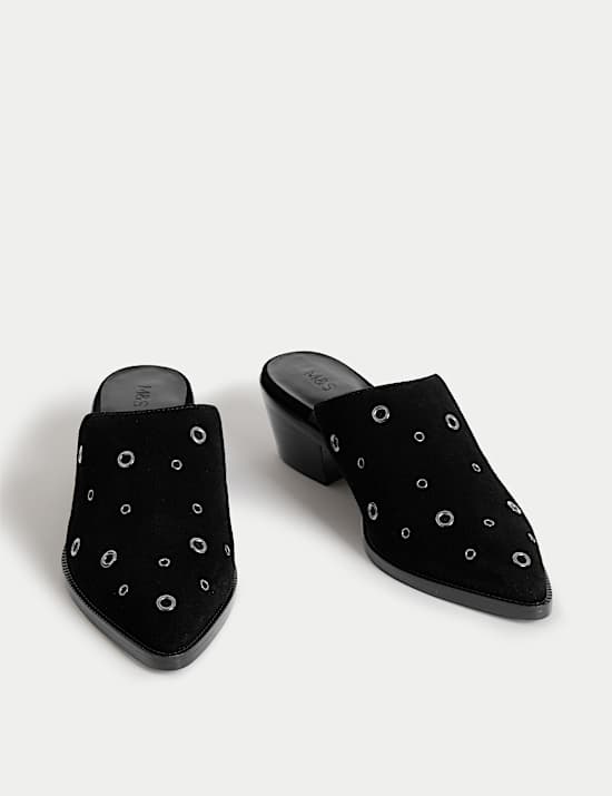 Suede Eyelet Block Heel Muels
