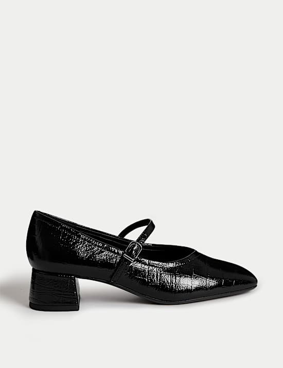 Leather Patent Croc Block Heel Court Shoes