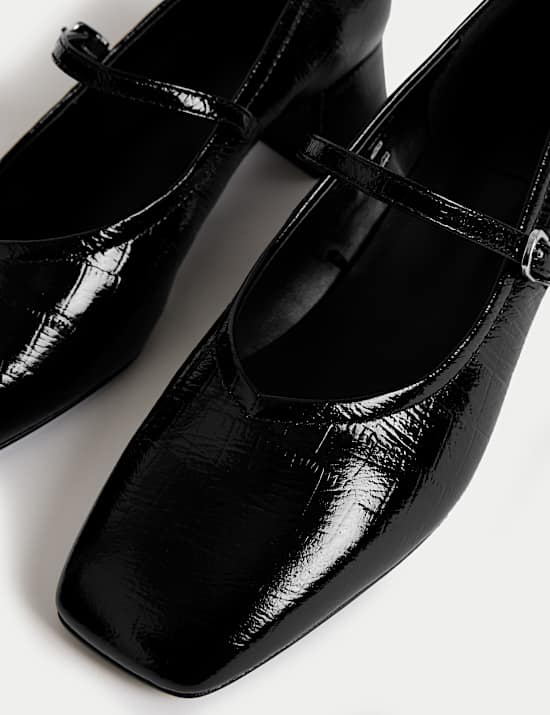 Leather Patent Croc Block Heel Court Shoes