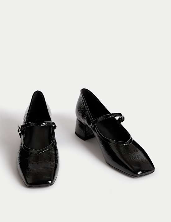 Leather Patent Croc Block Heel Court Shoes