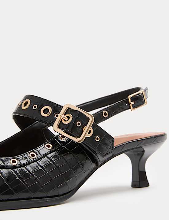 Croc Strappy Kitten Heel Court Shoes