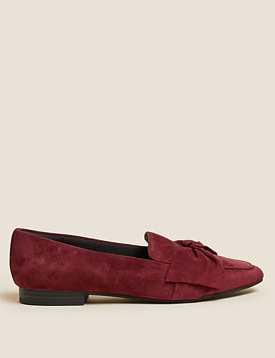 Suede Bow Flat Square Toe Loafers