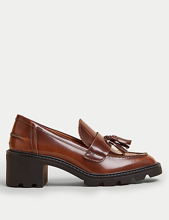 Leather Tassel Block Heel Loafers