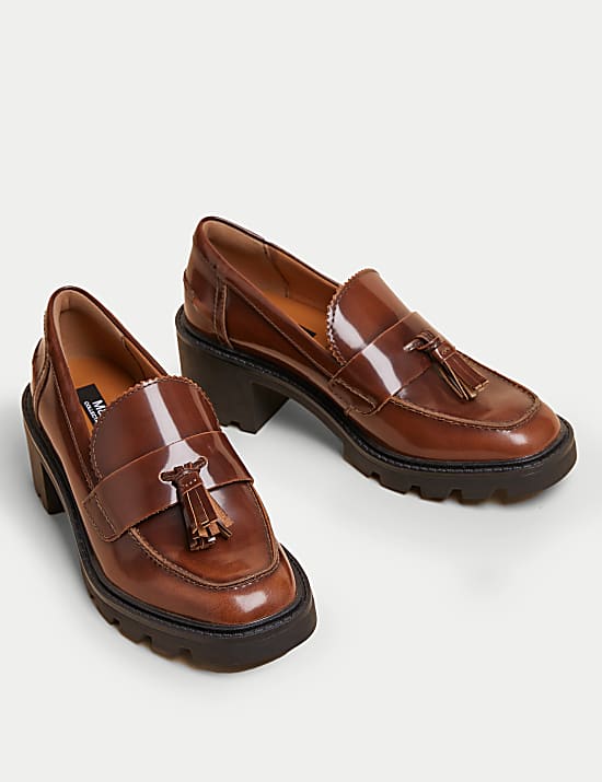 Leather Tassel Block Heel Loafers