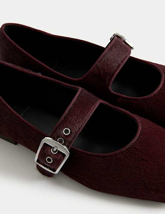 Hair On Leather Buckle Flat Ballet Pumps