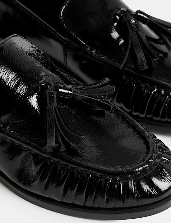 Leather Patent Ruched Tassel Flat Loafers
