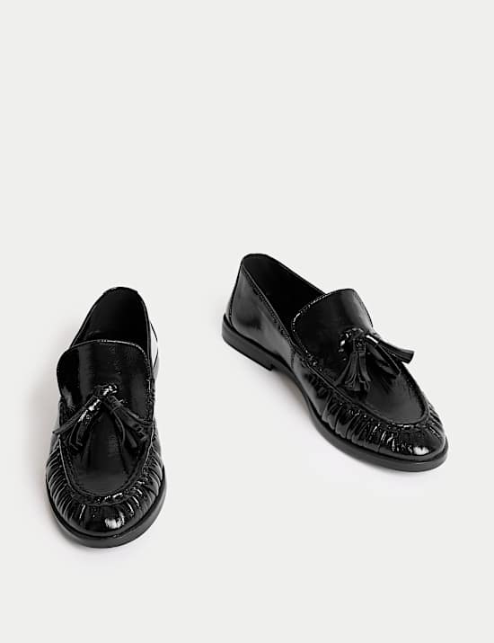 Leather Patent Ruched Tassel Flat Loafers