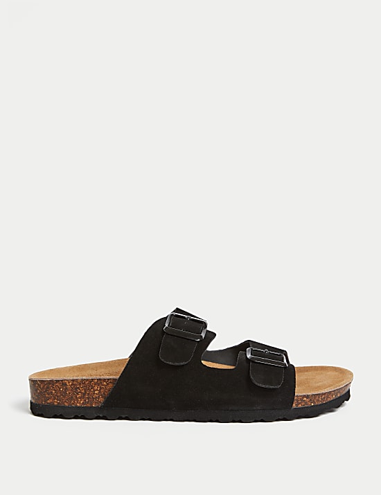 Suede Buckle Footbed Mules