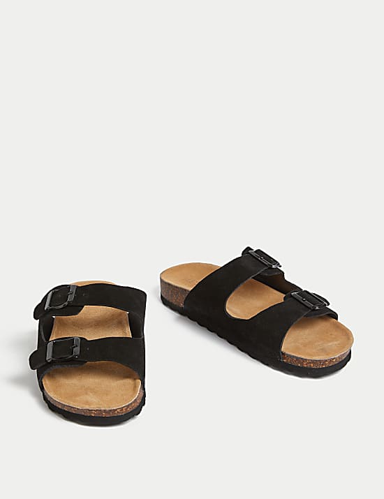 Suede Buckle Footbed Mules