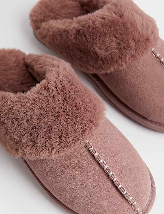 Suede Faux Fur Cuff Mule Slippers