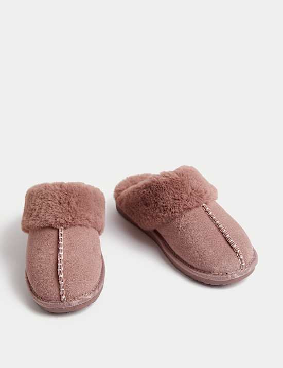 Suede Faux Fur Cuff Mule Slippers