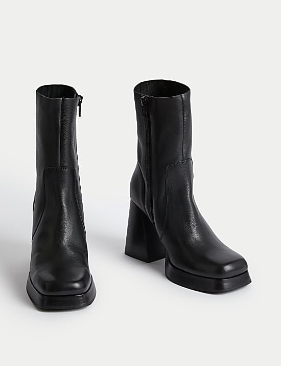 Leather Platform Square Toe Ankle Boots