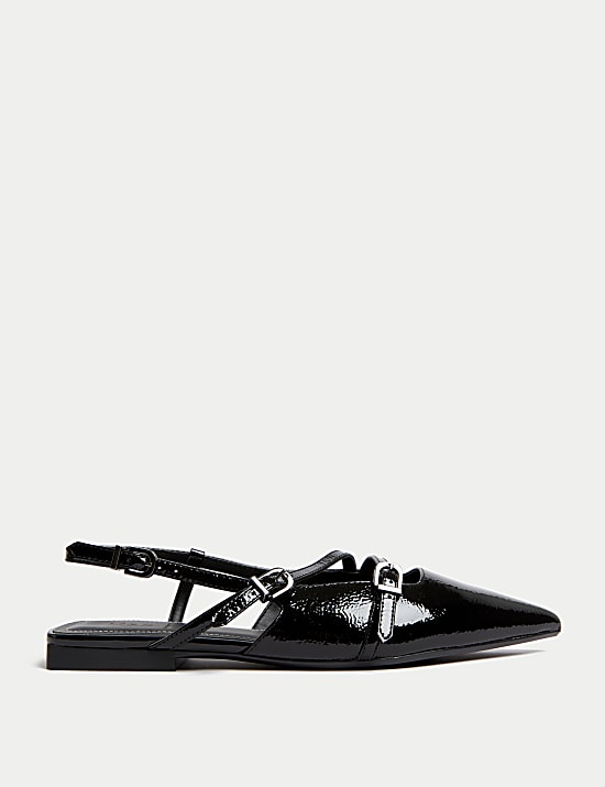 Leather Patent Buckle Flat Slingback Shoes