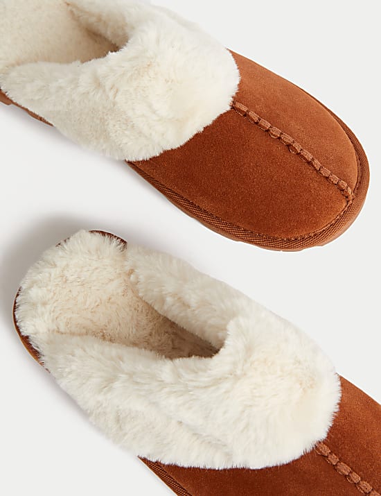 Suede Faux Fur Lined Mule Slippers