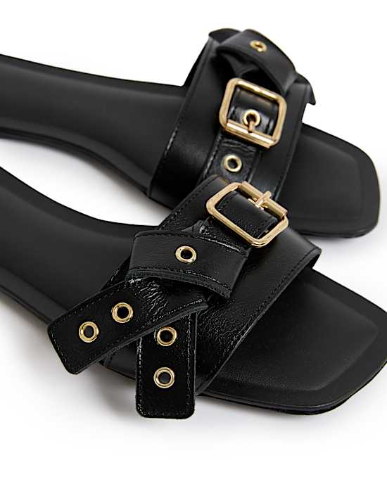 Leather Buckle Flat Mule Sandals