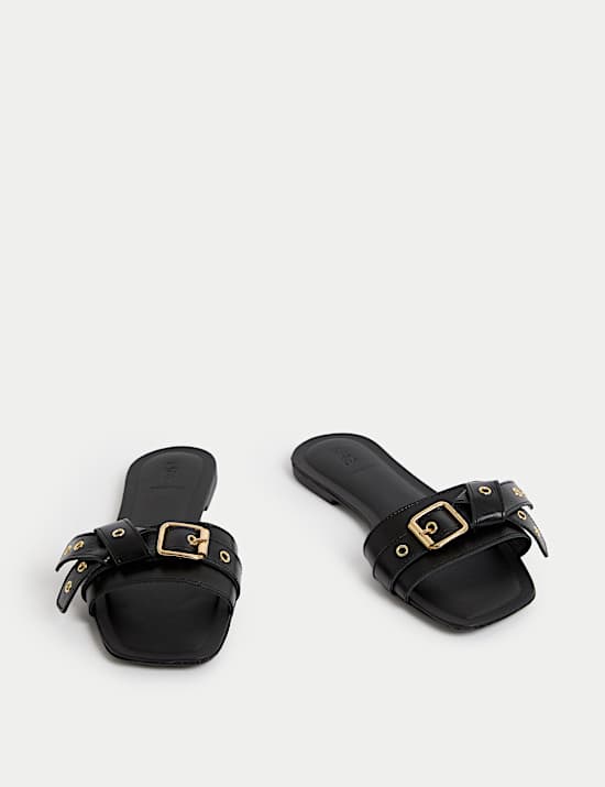 Leather Buckle Flat Mule Sandals