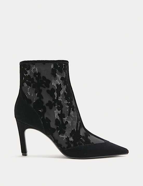 Mesh Floral Stiletto Heel Pointed Ankle Boots