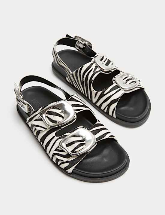 Leather Buckle Animal Print Flat Sandals