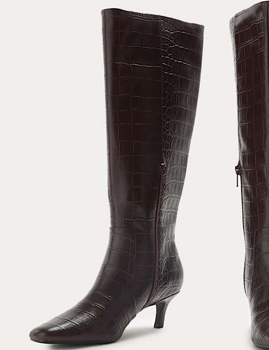 Croc Kitten Heel Knee High Boots
