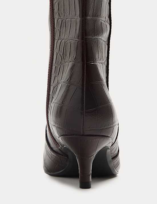 Croc Kitten Heel Knee High Boots