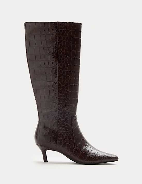 Croc Kitten Heel Knee High Boots