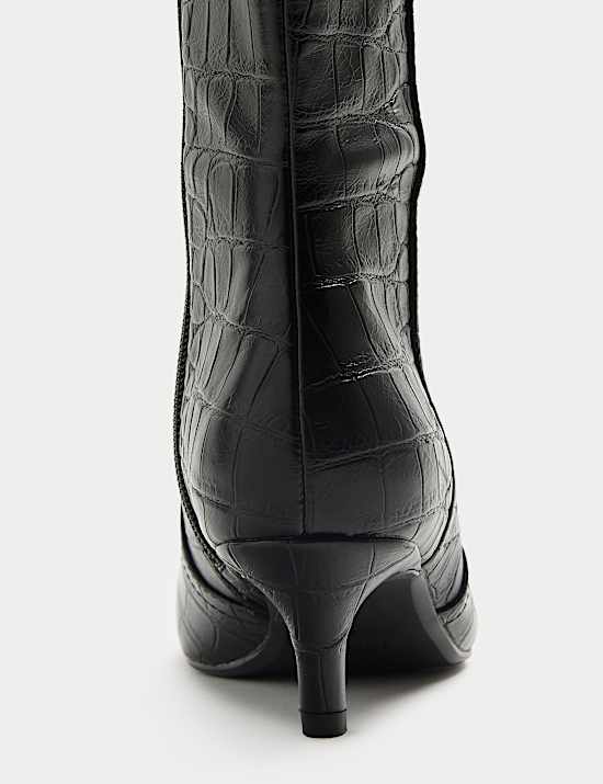 Botas hasta la rodilla con tacón kitten de efecto cocodrilo
