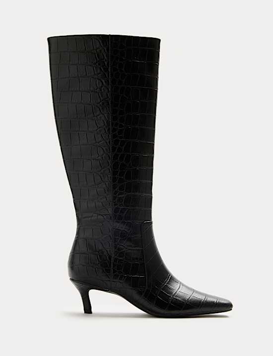 Croc Kitten Heel Knee High Boots