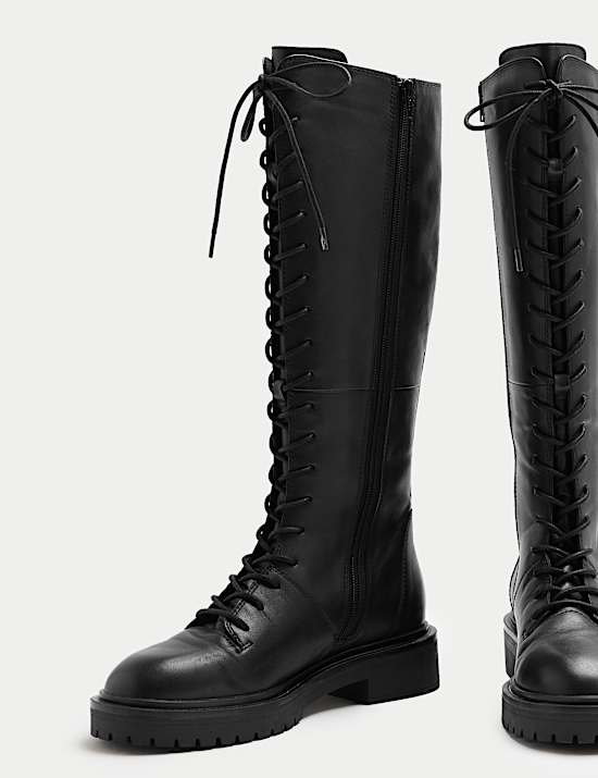 Leather Lace Up Knee High Boots