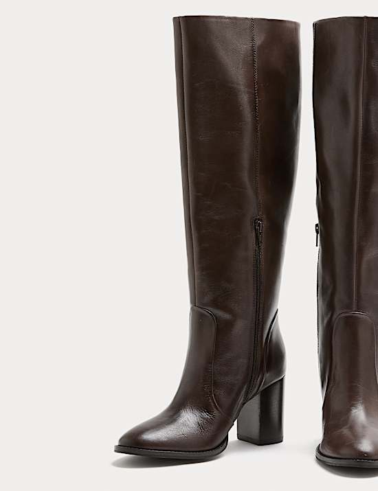 Leather Block Heel Knee High Boots