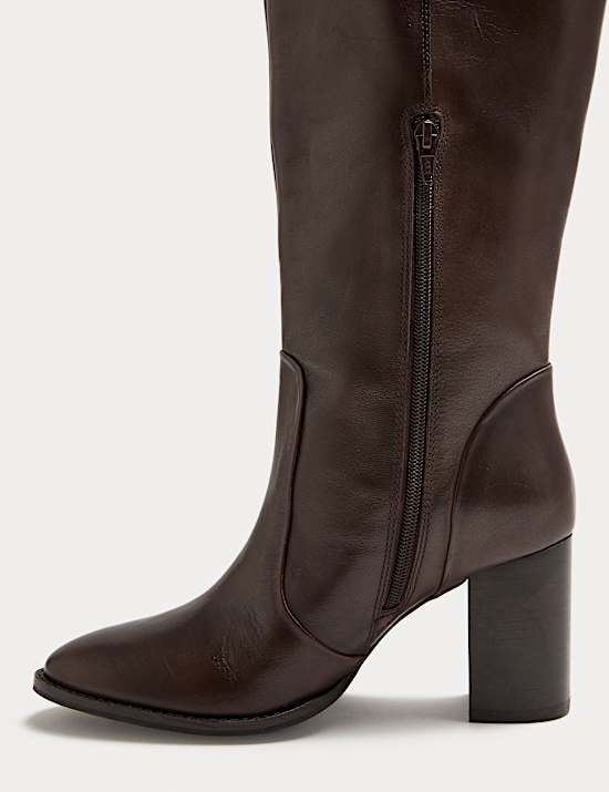 Leather Block Heel Knee High Boots