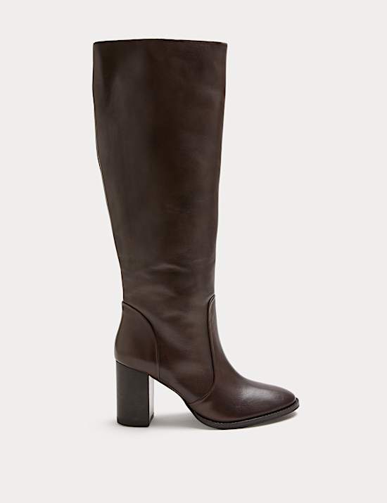 Leather Block Heel Knee High Boots