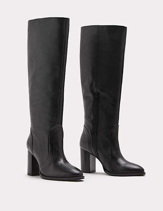 Leather Block Heel Knee High Boots