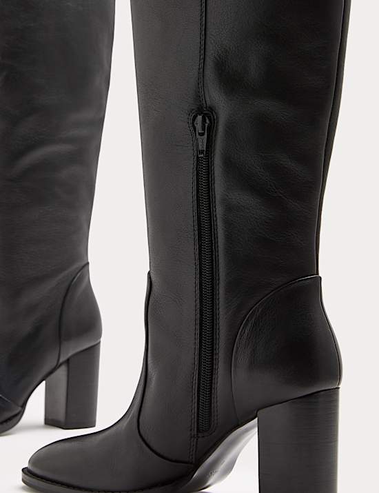 Leather Block Heel Knee High Boots