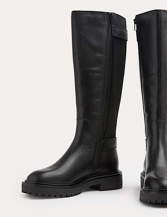Leather Double Buckle Knee High Boots