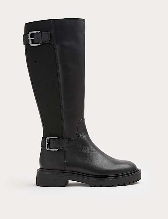 Leather Double Buckle Knee High Boots