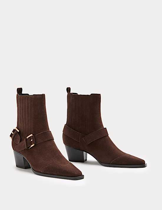 Suède enkelhoge laarsjes met gesp, blokhak en afgeronde neus