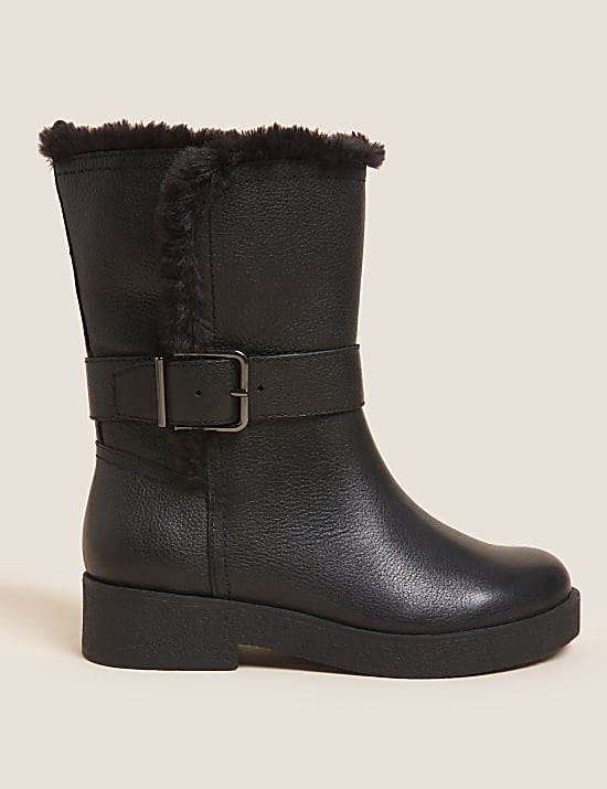 Wide Fit Leather Faux Fur Trim Ankle Boots