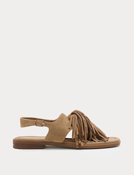 Su&egrave;de sandalen met blokhak en franje