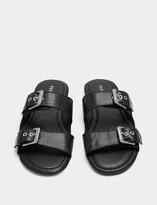 Leather Double Buckle Flat Sandal