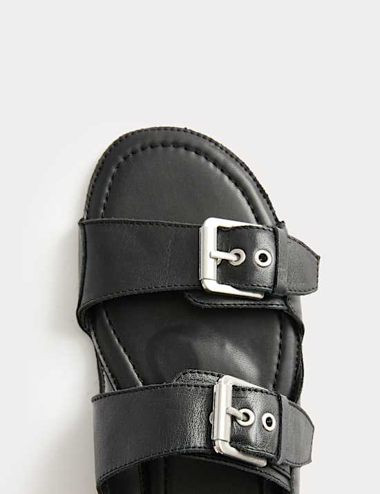 Leather Double Buckle Flat Sandal
