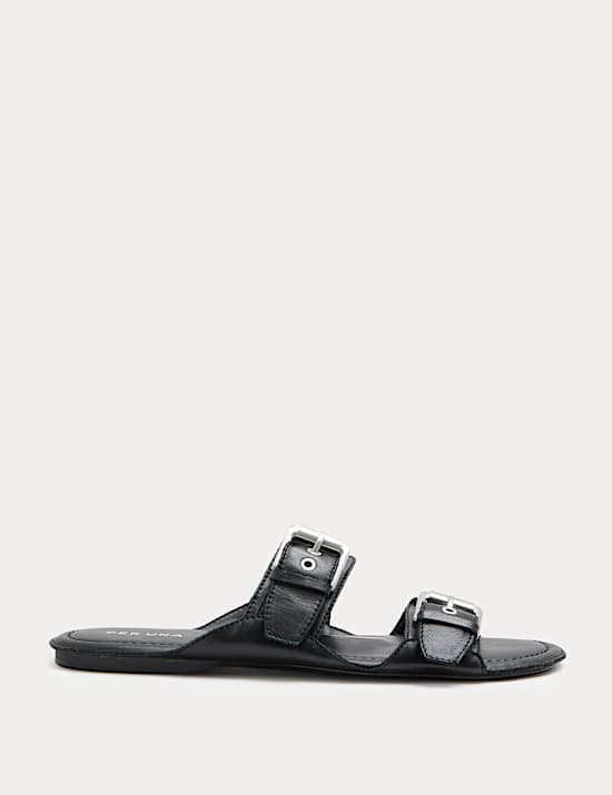 Leather Double Buckle Flat Sandal