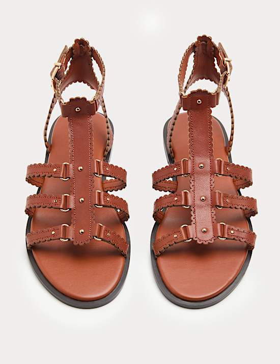 Leather Scallop Edge Flat Gladiator Sandals