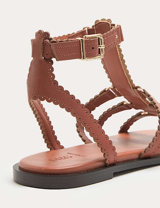 Leather Scallop Edge Flat Gladiator Sandals