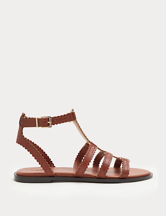 Leather Scallop Edge Flat Gladiator Sandals