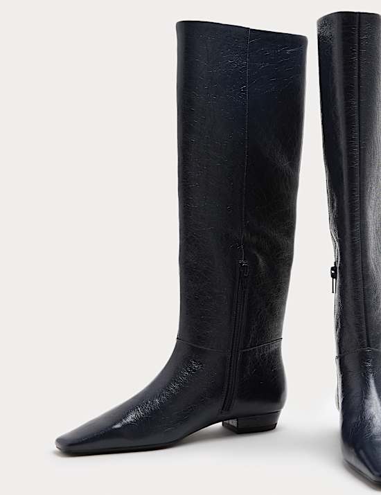 Leather Block Heel Chisel Toe Knee High Boots