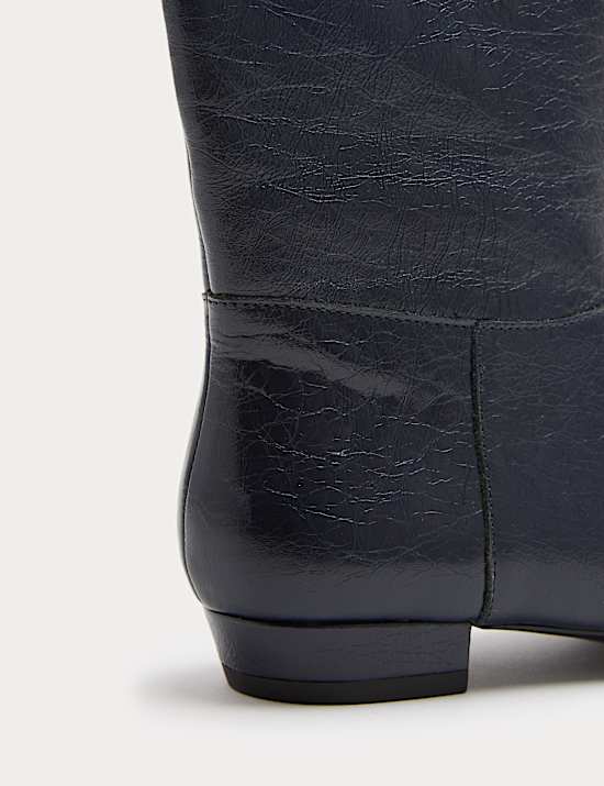 Leather Block Heel Chisel Toe Knee High Boots