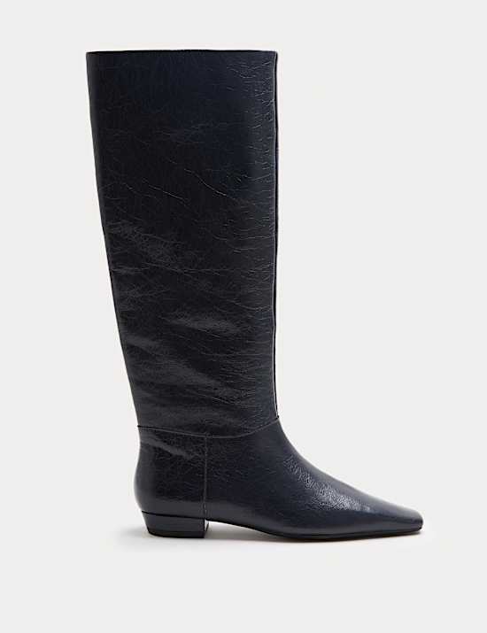 Leather Block Heel Chisel Toe Knee High Boots