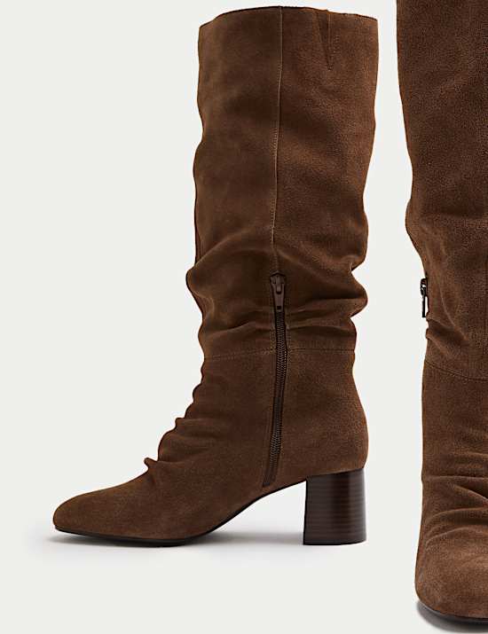 Suede Ruched Block Heel Knee High Boot