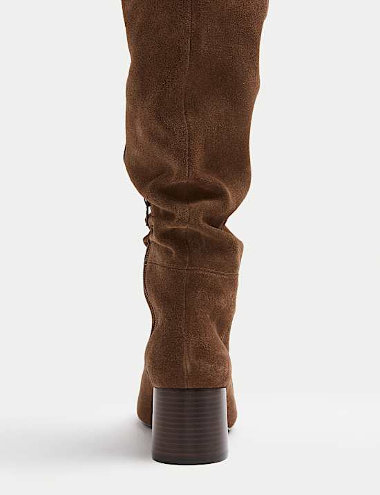 Suede Ruched Block Heel Knee High Boot